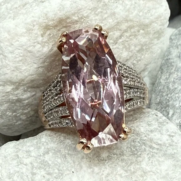 Morganite Cushion Cut Ring Rose Gold Over Sterling CZ Pave Size 7 - Picture 9 of 17
